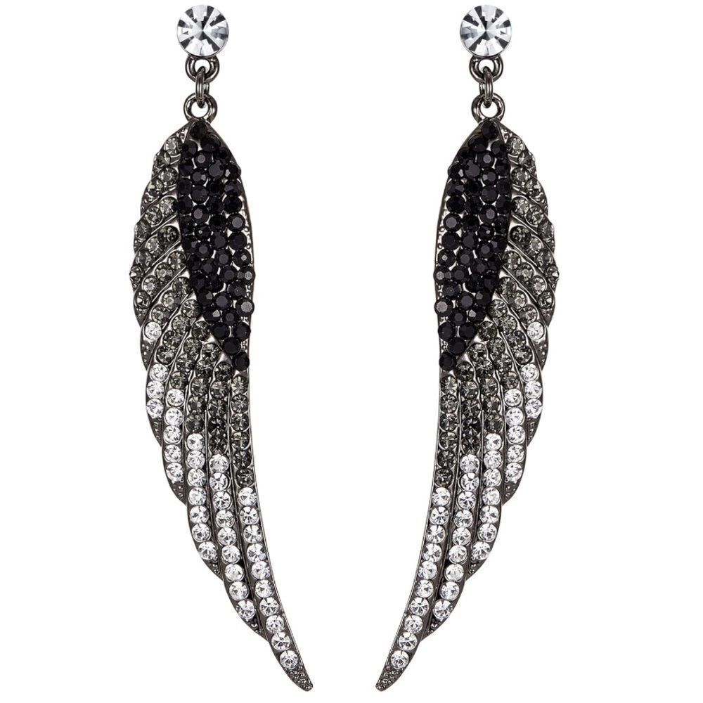 Gun Metal with Black Onyx and Gray Austrian Crystal Angel Wing Post Earrings